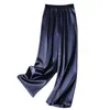Imitation soie Satin jambe droite pantalon été large jambe taille haute nacré soyeux léger luxe pantalon 220325