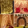 Strings Window Curtain Lights 100/200/300LED Outdoor Garden Backdrop Hanging String With Remote USB Powered Christmas LightsLED LED