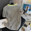 Tシャツの女性服薄い夏のトップストライプカジュアルレディースTシャツ半袖刺繍ティー韓国ファッション2022 220613