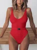 Ingaga Solid Swimsuit High Cut Women's Swimsuit Ribbed Bodysuit Backless Bathing Suits Sexy riem strandkleding 220509