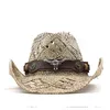 Sombreros de paja Panamá Western Cowboy Mujeres Hombres Sombrero de verano Jazz Gorras Playa Cuerda a prueba de viento Gorra Sombreado Sombrero de ala ancha