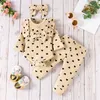 3-piece Baby Clothing Sets Girl Heart Print Ruffled Bowknot Design Long-sleeve Ribbed Romper Elasticized Pants and Headband Set 1055 E3