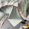 Color sólido Bordado Textiles para el hogar Juego de cama Lujo 4 piezas Verde Algodón de grapa larga Funda nórdica Sábana Fundas de almohada Ropa de cama de hotel Tamaño King Queen