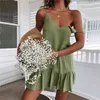 Sexy Spaghetti Strap Ruffle Dress Women Summer Dress Cotton Linen Vestidos Green Dresses Off Shoulder Sexy Mini Sundress 210401