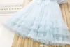 2022 Flickor Lace Tutu Klänningar Kids Pärlor Bows Tie Tulle Baded Round Collar Puff Sleeve Party Dress Barndag Kläder S2074