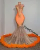 Vestidos De Boda Invitada Black Girls Orange Mermaid Prom Dresses 2022 Sequin Luxury Feathers Evening Gowns For Women Party