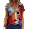 Kadınlar Sıradan Tshirt Yaz V Boyun Sanat Baskı Kısa Kollu Tshirt Vintage Y2K Büyük Boy Sokak Giyim Tişörtleri Kadın Gömlek S5XL 220602