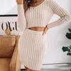 Work Dresses Women Knit Ribbed Suit With Bodycon Mini Skirt Lady 2 Pieces Set Crop Long Sleeve Pullover And High Waist Skirts Autumn Outfits