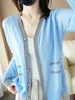 Spring And Summer New Ice Silk Knitted Cardigan Women V-neck Long-sleeved Contrast Color Air-conditioning Shirt Sunscreen Jacket L220706