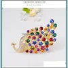 Pins Brooches Jewelry 18K Gold Plated Big Peacock Brooch Vintage Emerald Green Crystal Rhinestone Pin Animals For Wedding Gift Drop Deliver