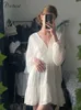 Dicloud Sexig Plunge V Neck Womens Summer Dress White Lace Långärmad mini Bröllopsfest Ruffle Elegant kläder 220805