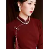 Etnisk kläder Spring Chinese Tiditional Wine Red Cheongsam Temperament Mid-Längd Retro Elegant Wedding Bride Toast Dress Female Vestidoe