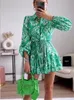 Traf Zar Green Print Press Press Woman ruffle es для женщин для женского пояс винтаж мини -с длинным рукавом повседневное ES 220805