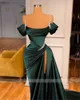 Abendkleider 2022 Dark Green Moroccan Kaftan Muslim Evening dresses high side slit Pleat Satin Mermaid Dubai Formal Prom gowns Long Vestidos