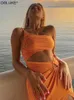 Un hombro recortado Bodycon vestido Sexy plisado hendidura playa vestido de fiesta mujeres verano sin mangas espalda descubierta Midi vestido negro naranja 220510
