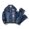 Träningsoveraller män Herr Mode Patch Design Enkelknäppta jackor Byxor Set Herr Träningsoverall Sportdräkt Herrjeans Fritidskläder Sportkläder