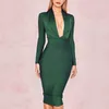 Sommar Deep V Neck Women Bandage Dress Full Sleeves Celebrity Bodycon Sexy Club Vestidos Evening Party ES 220418