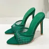 Sexy Pointed Weighted Fino Salto alto Bombas Green Malha Chinelos Summer Moda Slip em Slides Mulheres Mules Party Shoes Sandálias 220425