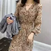 Casual jurken Spring Beach Chiffon Dress V Neck Slim Vintage Print Chic Long Sleeve High Taille Elastic Club Party Vestidos Femalecasual