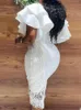 Robes décontractées Femmes élégantes Blanc Dentelle Manches à volants Slim Fit Longueur au genou Robe Chic Dames Fête Anniversaire Celebrity Tenues XXXL