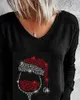 T-shirt da donna S-5XL Taglie forti Top Cappello natalizio Bicchieri da vino Stampa T-shirt a maniche lunghe nere Donna Festival Scollo a V Camicetta casual Quotidiano W