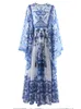 Casual Dresses Qian Han Zi Designer Fashion Runway Sommer Langes Kleid für Frauen Fledermausärmel Blau und Weiß Porzellan Druck Urlaub Maxi Dr