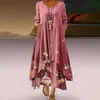 Casual Kleider Frühling Sommer Frauen Kleid Blumendruck Langarm Maxi Elegante Plus Größe Unregelmäßige Saum Weibliche Vestidos