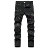 Man Rivet Studs costura de dano de dano preto jeans angustiados calças jeans desgastadas