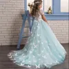 Flickans klänningar Sky Blue Puffy Tulle Ball Gown Flower Girl Princess Long Kids Communion Dressesgirl's