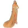 Abiti da ballo a sirena champagne Sexy scollo a V senza maniche senza spalline Perline applicate Paillettes Increspature in pizzo Spacco laterale alto Plus Size Abiti da cerimonia formali di lusso Custom Made