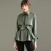 Ftlzz Spring Autumn Lapela Faux Leather Cashet Women Green PU Coat Simplicity Jackets Loose Office Lady Outwear com Cinturão 220815