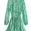 Abito da camicia con stampa verde Donna Abiti corti per donne Belt Vintage Mini vestito Abiti casual maniche lunghe 220526