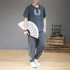 Roupas étnicas de estilo chinês Homens Hanfu camiseta calça Tang Tang Tops Tops Tops de pernas largas HAREM PALHAS DE HAREM 10825