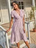 Tryck kvinnor klänning sommar blommor v-ringning bandig smal chiffong klänning kortärmad avslappnad a-line split long klänning robe femme 220516