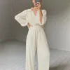 MNEALWAYS18 Beige Pleated Wide Leg Womens Fashion Casual Loose Trousers Office Lady Elegant Long Palazzo Pants 220811