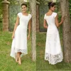 Beach Lace Wedding Dresses High Low Short Sleeves Square Tea Length Short Bridal Gowns A Line Country Wedding Dresses