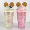 UCHOME Eco-friendly cute Biscuits Mouse Ear Tumbler Cups Tea Coffee Double Wall Plastic Tumblers With Straw