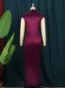 Women Dress Pleated Long Wine Red Elegant Slit High Collar Slim Fit Sleeveless Maxi Robes Female Shiny Gowns Party Spring 220615