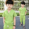 Set di abbigliamento Abbigliamento per bambini T-shirt a maniche corte + pantaloni Completo da 2 pezzi Abiti per bambini Alla moda Puro cotone Lino Estate 4-12 anni Verde Blu