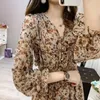 Casual jurken Spring Beach Chiffon Dress V Neck Slim Vintage Print Chic Long Sleeve High Taille Elastic Club Party Vestidos Femalecasual