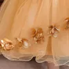 Mädchenkleider Gold Handgemachte Blumen Brautjungfer Abend Ballkleider Kinder Heilige Kommunion Abschlussball Vestidos Für MädchenMädchen