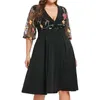 Sukienki plus size moda damska w stylu Casual, kwiatowy haft pół rękawa aplikacja sukienka z dekoltem w serek elegancka luźna do klubu na imprezę Vestidos #35Plus