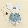 Citgeett Summer Kids Girls Clothing Set Floral Embroidery Flying Sleeves Square Collar Tops Beige Denim Short Jeans Clothing J220711