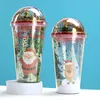 15oz/450ml Christmas Cartoon Double Layer Bottles Mug Sequin Plastic Tumbler Reusable Clear Drinking Flat Bottom Cup Pillar Shape Lid Straw