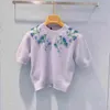 spring new Beaded sweater short sleeve thin diamond round neck Lavender top