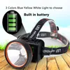 New Built in Battery Led Headlamp 3 Colors White Yellow & Blue Rechargeable Headlight Head Flashlight Lamp Torch Light for Fishing