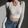 ZCSMLL Slim-Fit U-hals Fake Two-Piece Tops High-Mist Strip Långärmad botten T-shirt Female Spring Summer Top W220409