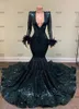 Hunter Green Arabic Aso Ebi Mermaid Evening Dresses with Long Sleeve 2022 Sparkly Sequin Wrist Feathers African Prom Engagement Gown