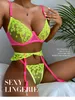 Women Sexy Lingerie Set Garter Belts Fluorescent Green Heart Lace Push Up Bras Sex Panties Temptation Erotic Sensual Underwear