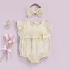 Lovely Baby Girls Summer Rompers Princess Newborn Infant Girls Elegant Hollow Flower Ruffles Romper Jumpsuits Headband Clothes G220521